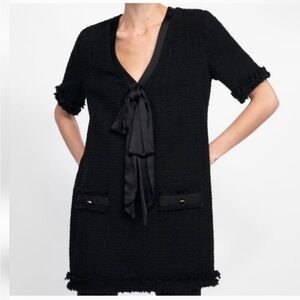 Zara v neck Tweed Mini Shift Dress with Satin Bow !!!